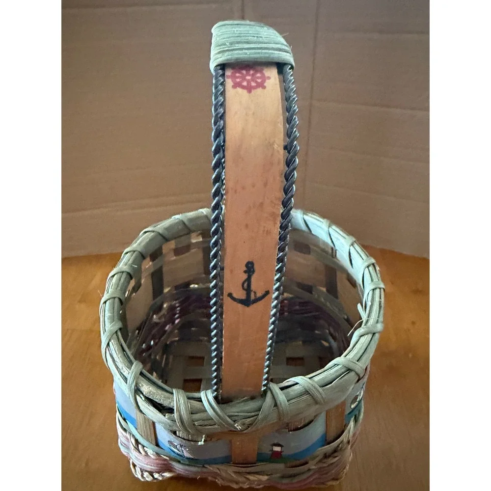 Nautical Woven Splint Basket Hand Painted Lighthouse Sailboat Anchor Decor